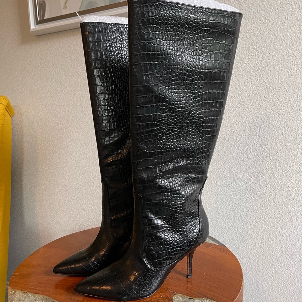 Black Crocodile Faux Leather Boots